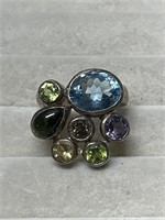 Sterling Silver Size 6 Multi Colored Stone Ring 92