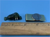 Jade walrus 1.5" long and a buffalo nickel money c