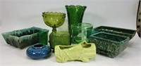 Green glassware set with ceramic square bowls