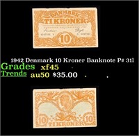 1942 Denmark 10 Kroner Banknote P# 31l Grades xf+