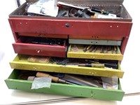 VINTAGE TOOL BOX AND CONTENTS - TOOLS, HARDWARE,