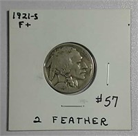 1921-S  2 Feather  Buffalo Nickel   F+