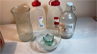 2-2qt plastic jugs/ glass jug vases & bowl
