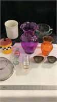 Purple glass vase, orange vase, coffee pot bank,