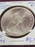 1966  Silver Bahamas Elizabeth II dollar coin.