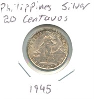 Philippines Silver 20 Centavos 1945