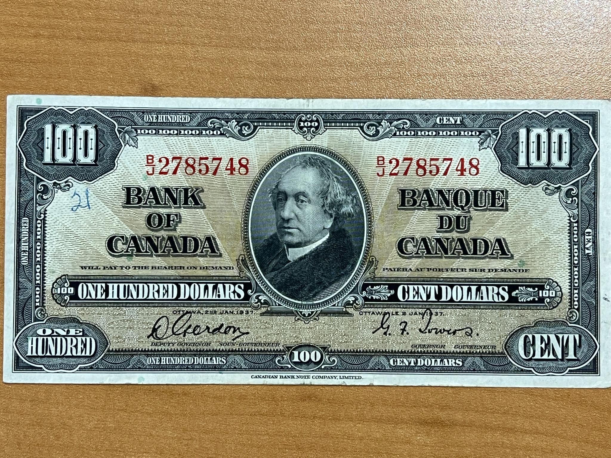 1937 Cdn $100 Bank Note