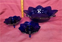 Cobalt candle stick holders and bowl