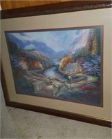 Framed matted print, mountain river scene