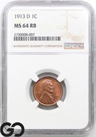 1913-D Lincoln Wheat Cent, NGC MS64 RB Guide: 450