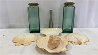 2 Glass Vases and 5 Shells