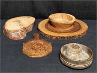 Group of carved wood items - trivet,