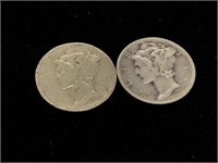 Pair of Vintage 10C Mercury Silver Dime Coins -