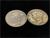 Pair of Vintage 10C Mercury Silver Dime Coins -