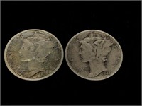 Pair of 10C Mercury Silver Dime Coins - 1917,