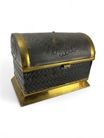 Tin hinged table top small trunk treasure chest