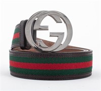 Gucci Green & Red Stripe Brown Leather Belt