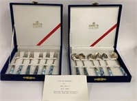 Group Of Enameled 6 Forks & 6 Spoons In Boxes