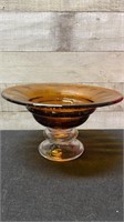 Vintage Blown Amber & Clear Glass Compote 8.5" Dia