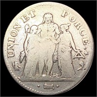 1796 France Silve5 Francs LIGHTLY CIRCULATED