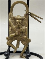 Male dancer shape brass padlock w/keys, India