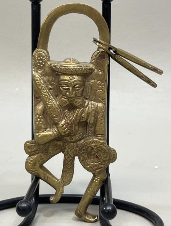 Male dancer shape brass padlock w/keys, India
