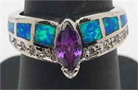 Sterling & Opal Ring W Clear & Purple Stones