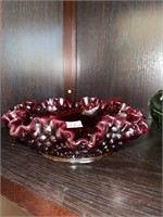 Red glass hobnail dish   (living room)