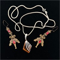 Amber & Sterling Pendant Necklace w/Brass Earrings