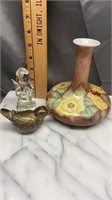 Signed vase, brass bird and crystal angel