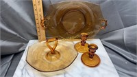 Etched amber platter, tidbit bowl and candle