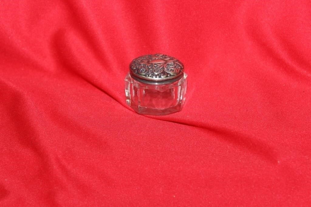 A Sterling Top Ornate Glass Container