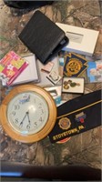 Clock, American legion hat, pins, and more