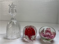 2 Glass Paperweights & 1 Glass Bell