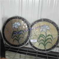 Pair of round stain glass pictures, 15" across