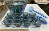 Blue/Green Carnival glass punch bowl w/ 12 cups