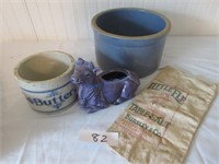 Vintage Crocks, Cow & Table Salt Bag