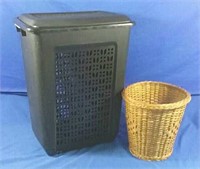 Black hamper and wicker garbage basket
