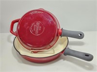 2 RED TRAMONTINA CAST FRYING PANS - SLIGHTLY USED