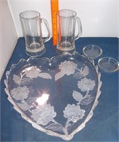 Etched Glass Heart Plate, 2 Beer Mugs & Coasters