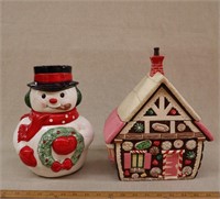 (2) Cookie Jars-Gingerbread House & Snowman