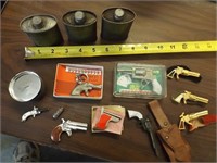 Vintage Miniature Cap Pistols & (3) Military Cans