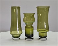 3 Riihimaki Lasi Oy Finland Olive Glass Vases