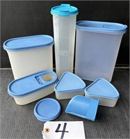 Lot of Clear Tupperware Containers with Blue Lids