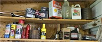 CONTENTS OF SHELFS: JACK, OIL CAN, LUBRICANTS