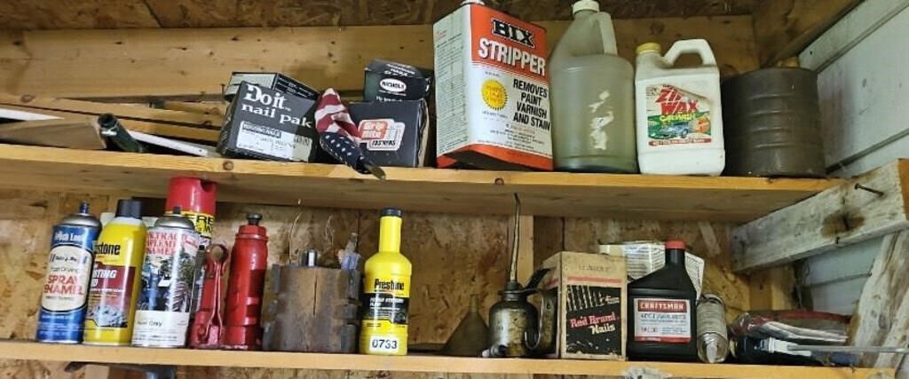 CONTENTS OF SHELFS: JACK, OIL CAN, LUBRICANTS