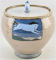 Signed Quist Studio Pottery Blue Horse Lidded Pot