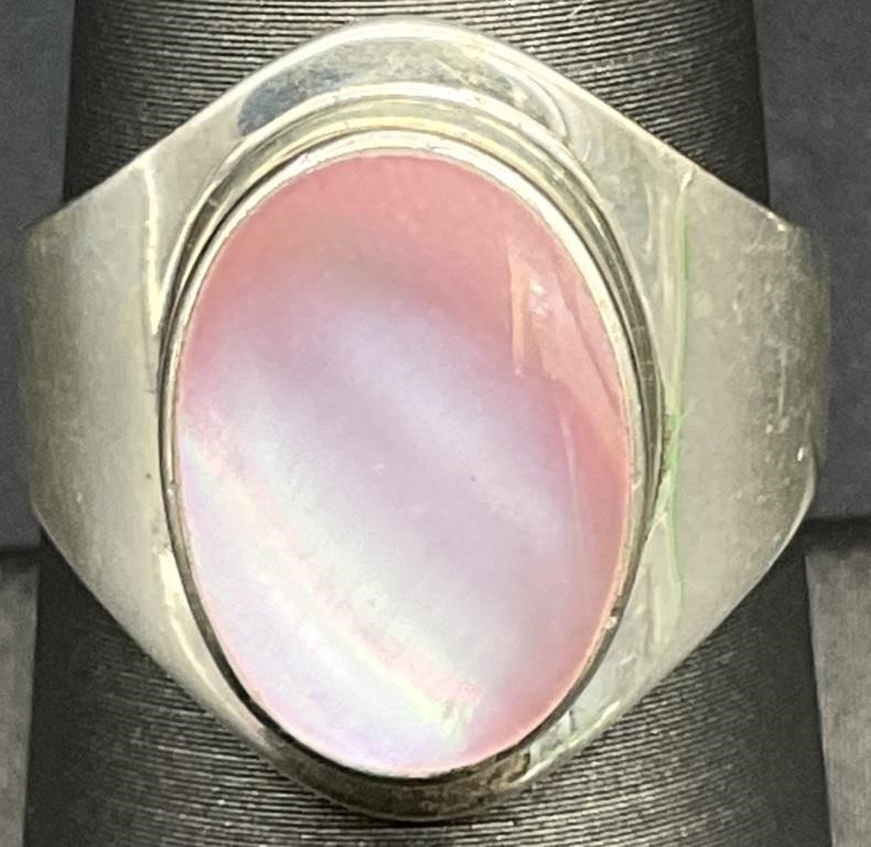 Sterling Pink Oval Stone Ring, Sz 7.5