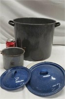 Splatter enamel ware stock pot and small pot. 3