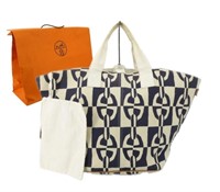 HERMES Black & White Canvas Tote with Pouch